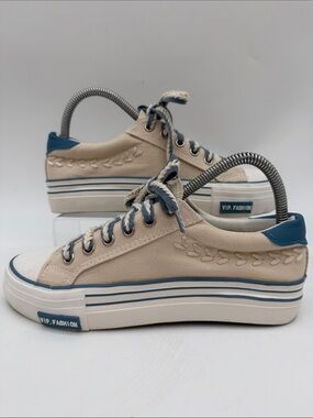 MUTUONI Canvas Platform Sneakers Beige Blue Trim EU Size 39 US Size 8.0
